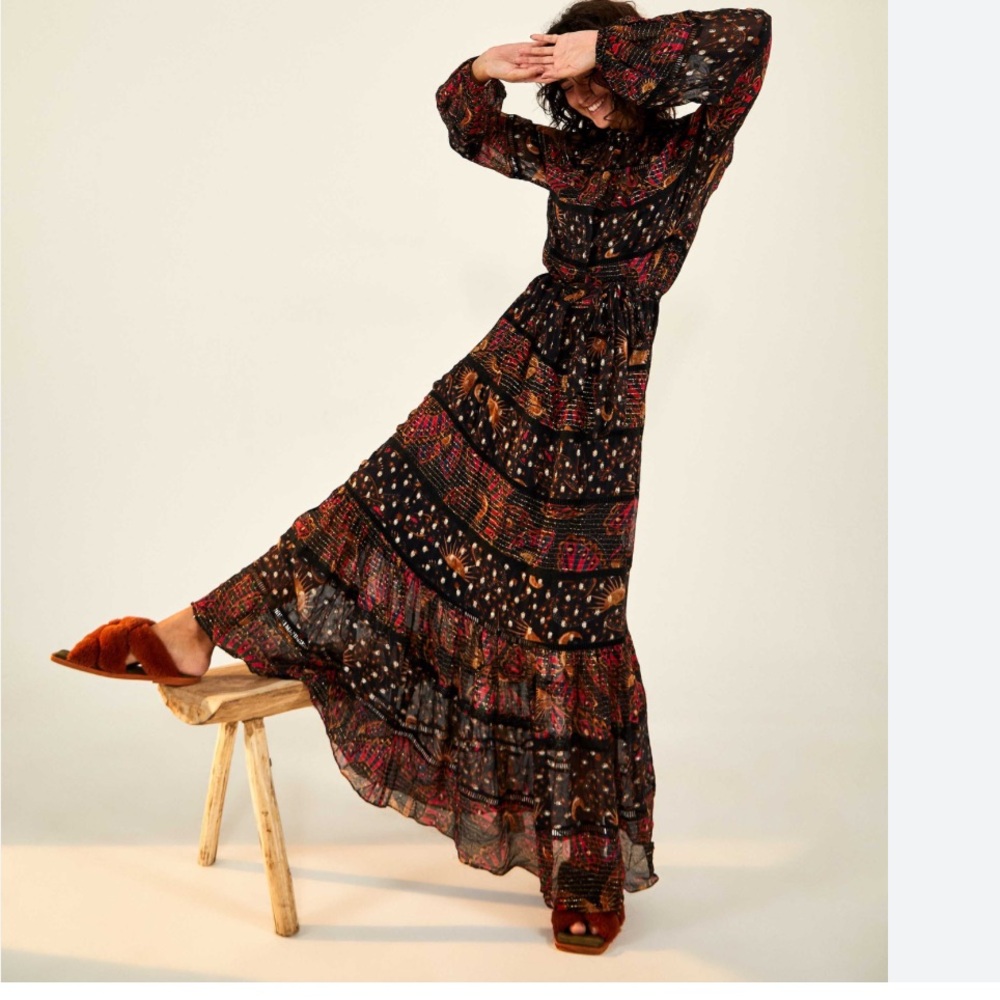 FARM Rio Black Maxi Dress with Gold & Pink Sunburst Print